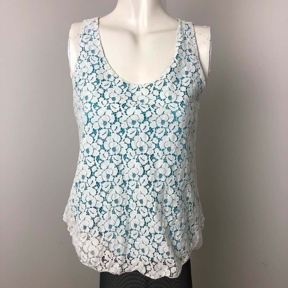 Aritzia Talula Ivory/Teal Floral Lace Overlay Sleeveless Top Size S